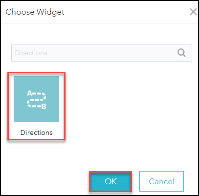 The Choose Widget pane to add the Directions widget to the app.