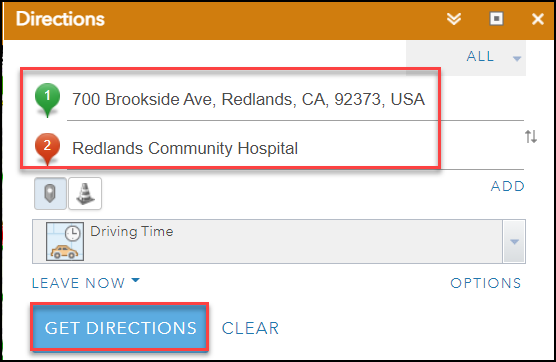 The Directions tab to select or fill in the addresses for the route.