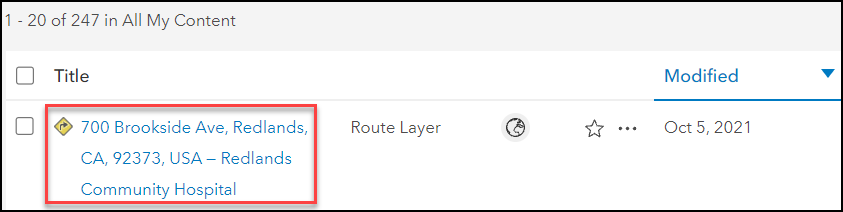 The newly created route layer saved in My Content in ArcGIS Online.