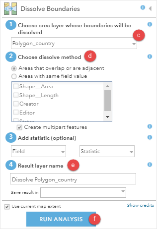 The Dissolve Boundaries pane displayed four parameters to be completed. The third parameter, Add statistic is an optional. The new polygon layer named as 'Dissolve Polygon country'.