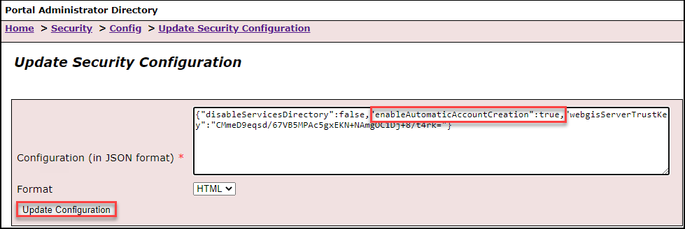The Update Security Configuration page with the Set enableAutomaticAccountCreation configuration set to ‘true’.