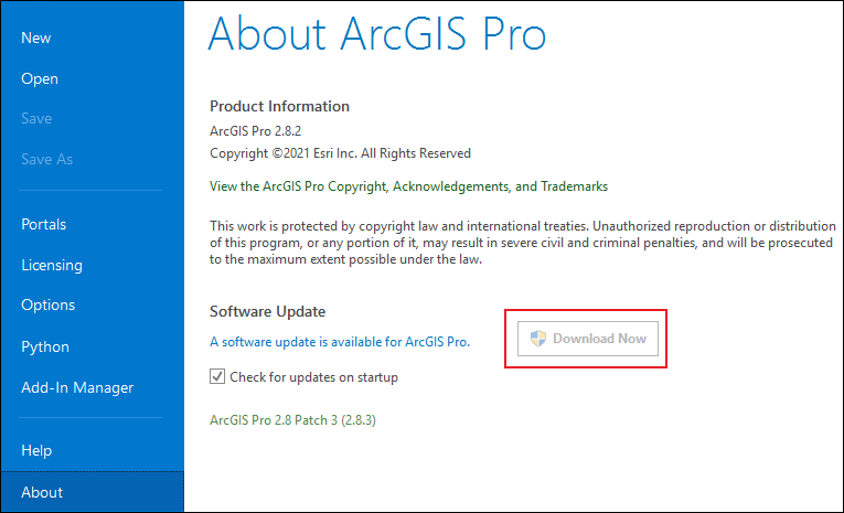The About ArcGIS Pro page displaying the Download Now button is disabled.