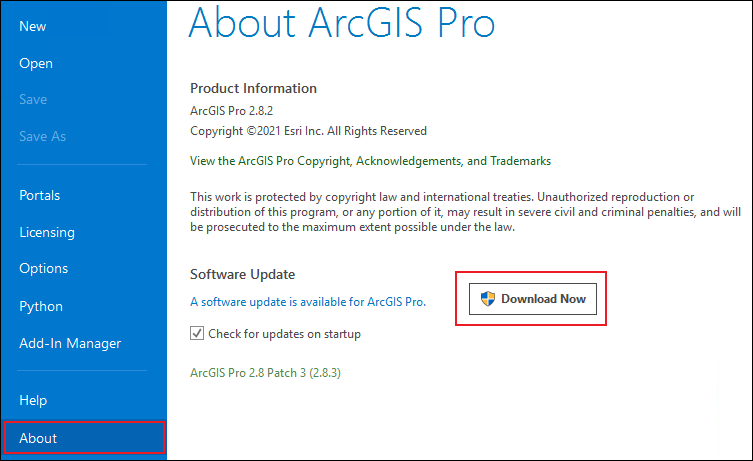 The About ArcGIS Pro page displaying the Download Now button is enabled.
