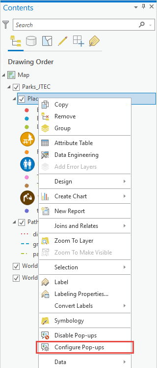 Selecting Configure Pop-ups from the ArcGIS Pro Contents pane