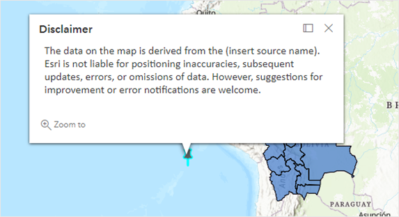 The disclaimer text displayed as the pop-up after clicked at the stamp feature in ArcGIS Online Map Viewer.