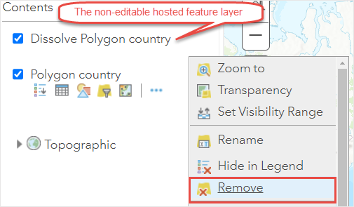 The Remove option displayed when right-click the layer in the Contents pane to remove the non-editable hosted feature layer from the web map.