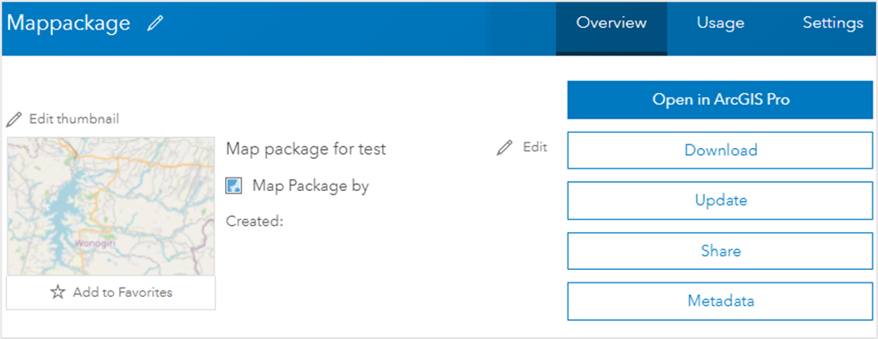 The Mappackage window showing no option to view  the map package in Map Viewer or Map Viewer Classic.