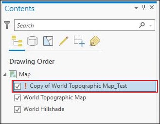 The Contents pane in ArcGIS Pro displaying the vector tile layer with an exclamation mark.