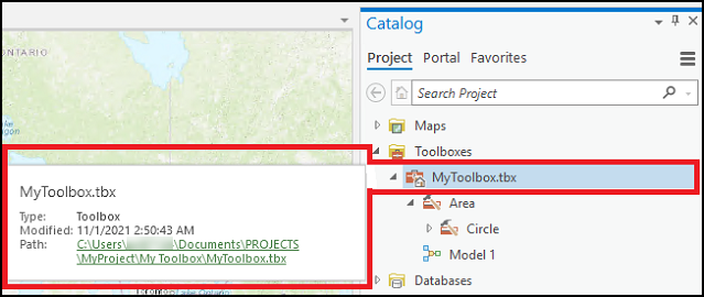 The toolbox displays the storage location when hovered over in the Catalog pane in ArcGIS Pro.