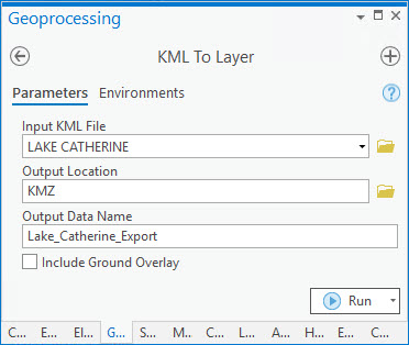 The KML To Layer tool converts KML or KMZ files to geodatabase feature classes.