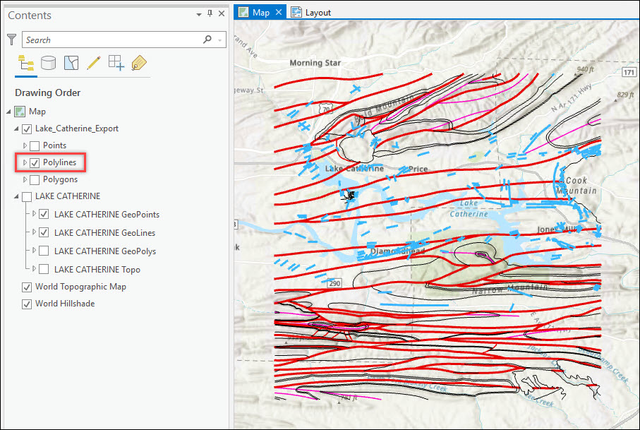 The undesired layers are turned off in the Contents pane before exporting the map or layout.