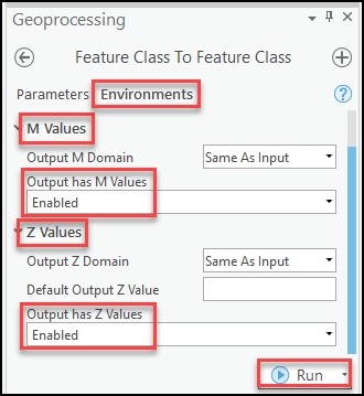 Enable the M and Z values in the Environments tab in the Feature Class To Feature Class pane.