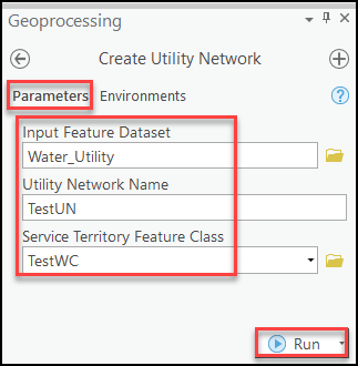 Fill in the required parameters, and select the newly created feature class from the previous steps for Service Territory Feature Class.