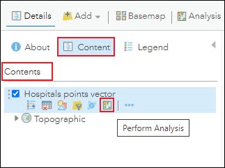 The Contents pane in ArcGIS Online displaying the layer and the Perform Analysis icon.