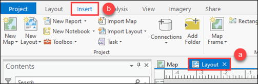 The Layout tab and Insert tab in the ArcGIS Pro project window.
