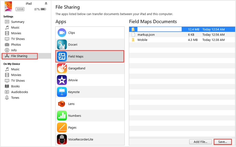 Clicking the device icon displays the device storage details. The apps in the device is displayed when clicking the File Sharing. When selecting the ArcGIS Field Maps app, the right column displays the documents in the app.