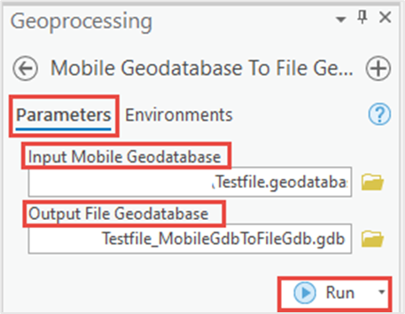 There are two tabs in the Mobile Geodatabase To File Geodatabase pane, which are Parameters and Environments. The parameters under the Parameters tab is configured. Click Run at the bottom-left of the geoprocessing pane after filling in the parameters.