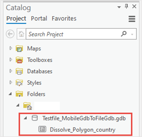 In the Catalog pane, the mobile geodatabase is converted to file geodatabase and the feature class in the file geodatabase is displayed.