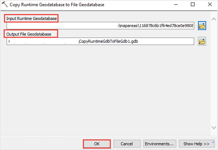 In the Copy Runtime Geodatabase To File Geodatabase tool parameters, browse the runtime geodatabase file to specify Input Runtime Geodatabase and specify Output File Geodatabase. Click OK on the bottom of the tool window.
