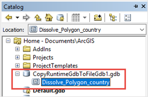In the Catalog pane, the runtime geodatabase is converted to file geodatabase and the feature class in the file geodatabase is displayed.