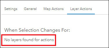 A message is returned on the Map page when attempting to add layer actions in the Map element.