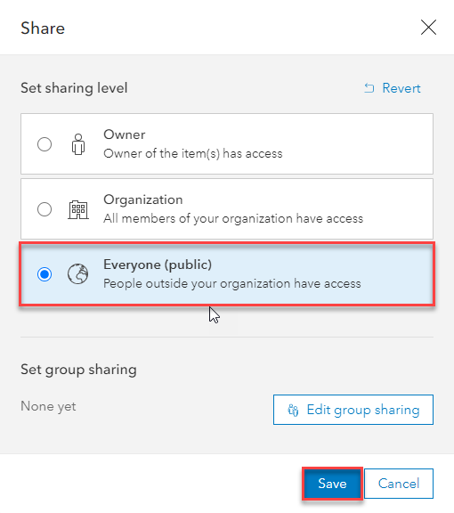The Share window in ArcGIS Online