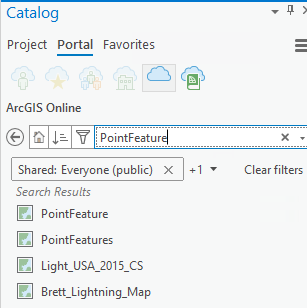 The ArcGIS Online tab in the Catalog pane used to search for publicly shared web maps in ArcGIS Online