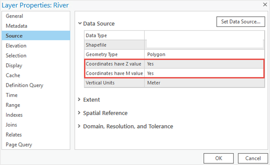 The z- or m-values is present in the feature layer from the Source tab of the layer properties.