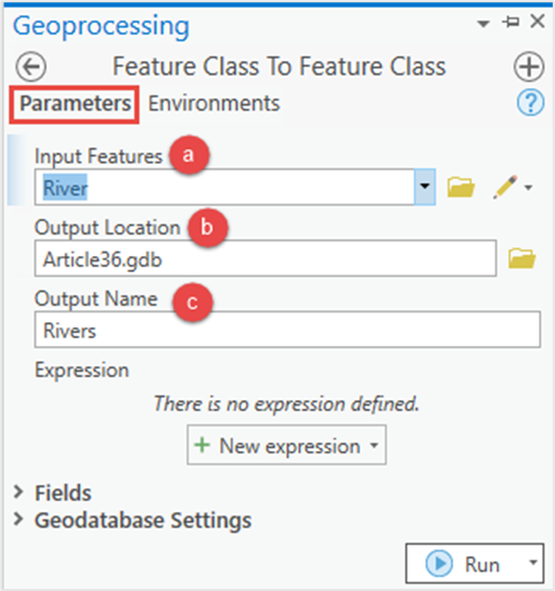 In the Feature Class To Feature Class pane, configure the parameters in the Parameters tab.