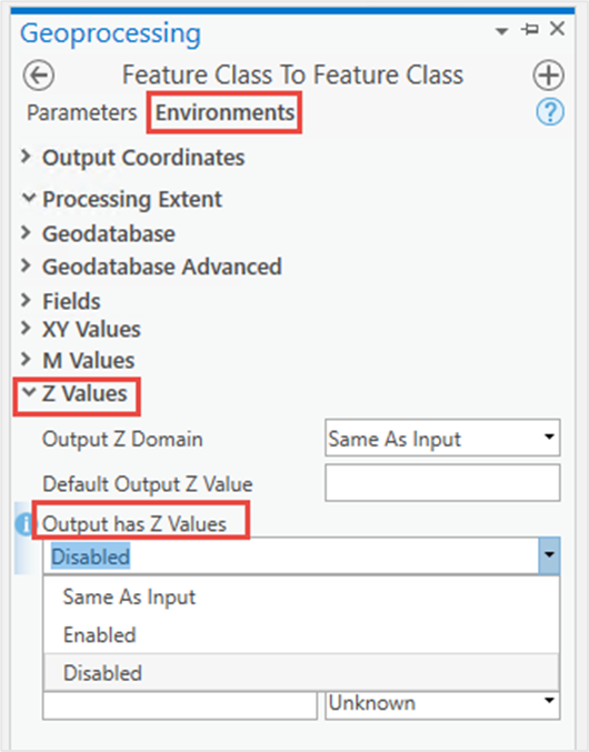 In the Feature Class To Feature Class pane, configure the Z Values node in the Environments tab and select Disabled.