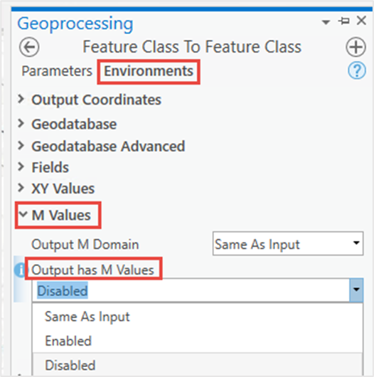 In the Feature Class To Feature Class pane, configure the M Values node in the Environments tab and select Disabled.