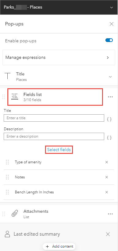 The Map Viewer Pop-ups pane displaying the location of the Fields list section