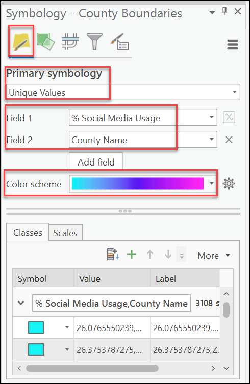 The Symbology pane with Field 1 and Field 2 to select Unique Values.