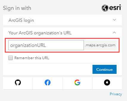 The ArcGIS Pro sign-in dialog box to enter the correct organization URL.