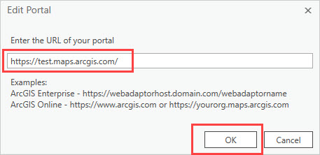 The Edit Portal window, to enter the organization URL and click OK.