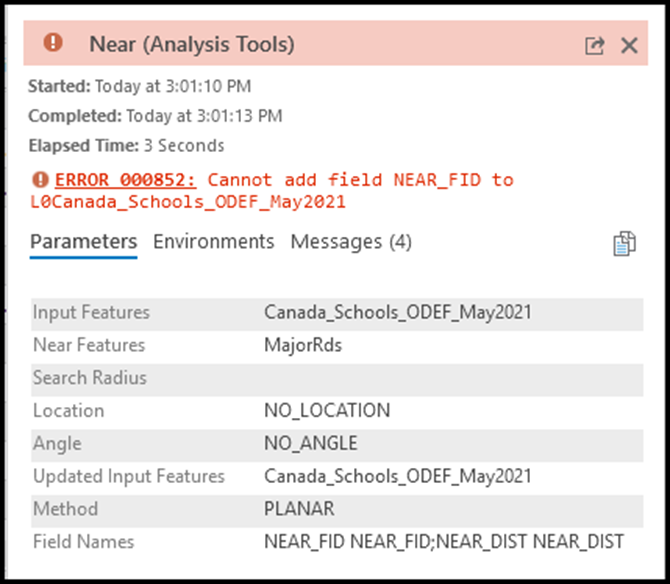 The error when running the Near tool geoprocessing tool