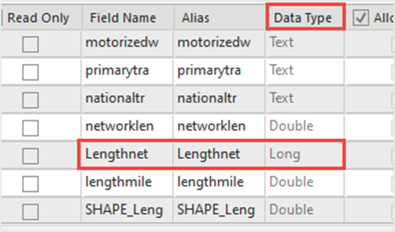 In the feature layer's attribute table, field displays long as the field data type while another numerical field data type is double.