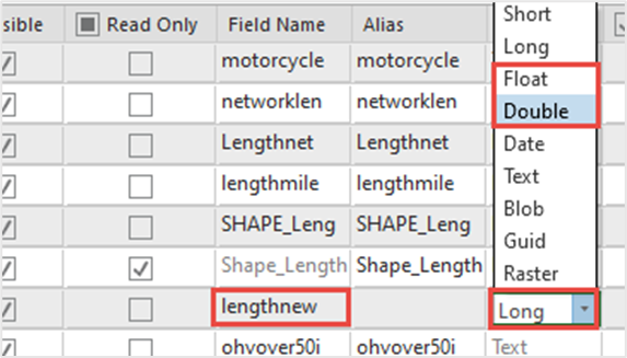 After creating a new field, float or double is selected from the drop-down menu in the Data Type column.