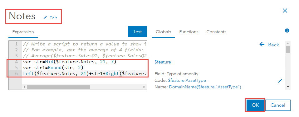 The Map Viewer Arcade expression dialog box to define expressions and rename the expression