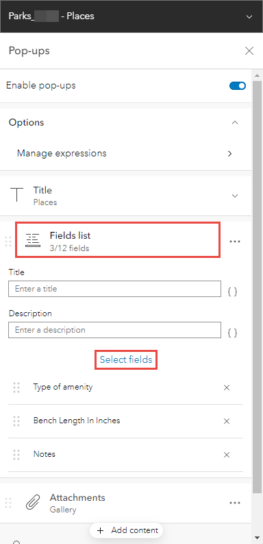 The Map Viewer Pop-ups pane displaying the location of the Fields list section