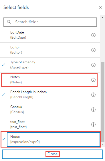 The Map Viewer Select fields pane to select fields to be displayed in the pop-up