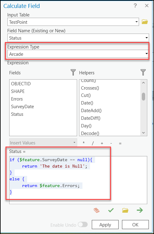 The Arcade function is used to return the required statement in the Status field based on the attribute values in the SurveyDate field.