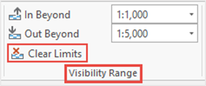 The Visibility Range group displays the In Beyond and Out Beyond limits set to the labels. In Beyond is set to 1:1000 and Out Beyond is 1:5000. Clear Limits is selected to clear the limits set to the labels.