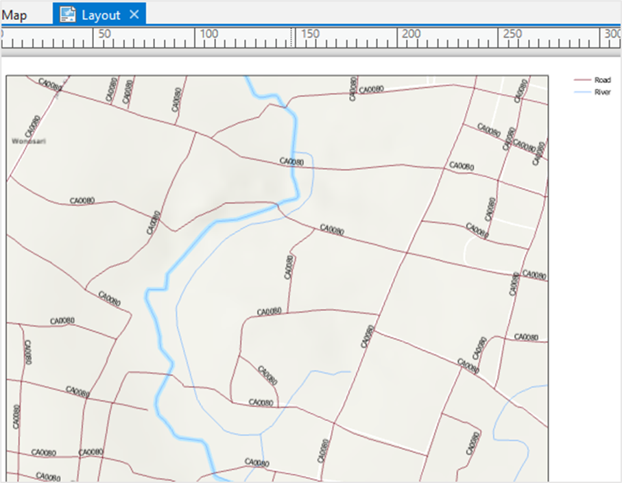 The line feature layer displays labels in the layout view. The labels for each road are retained in the layout view.