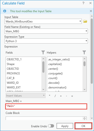 Changing the Main_MBG field values from <Null> to Main in the Calculate Field dialog box