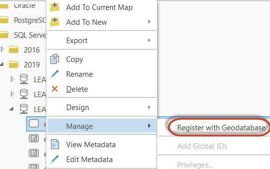 right-click the database, and click Manage > Register with Geodatabase