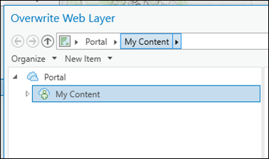 Organizationally shared layers are not displayed because the My Organization tab is unavailable in the Overwrite Web Layer window.