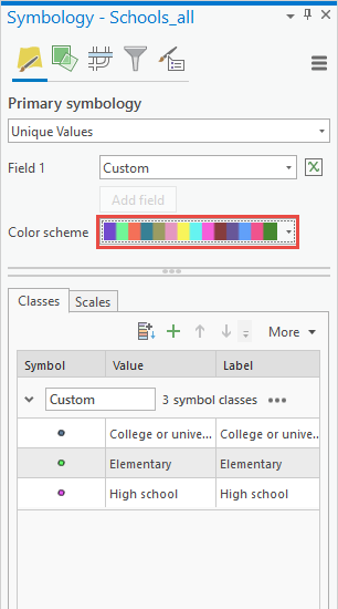 Choosing a color scheme for the symbols in the Symbology pane