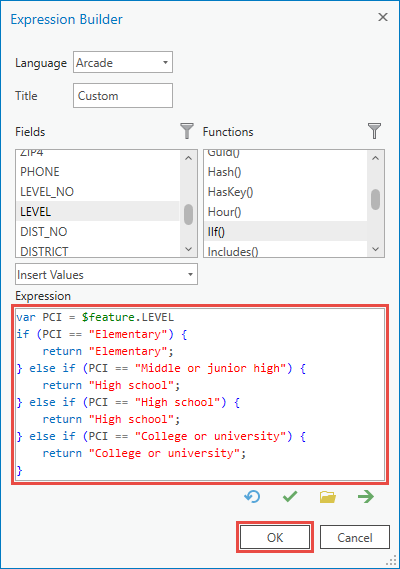 An example of the Arcade expression included in the Expression Builder dialog box