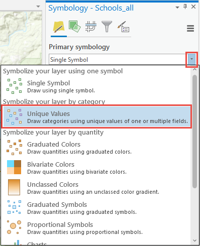 Changing the Primary symbology option from Single Symbol to Unique Values in the Symbology pane